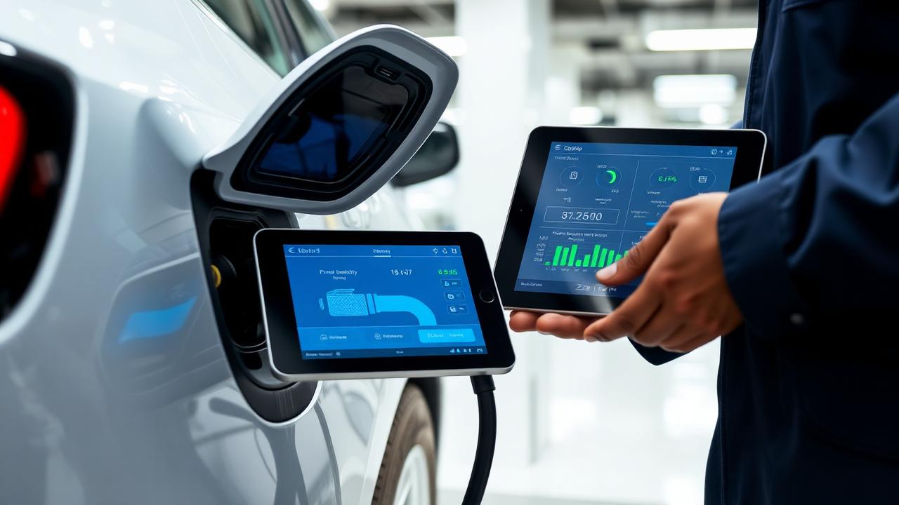 Technician holding a diagnostic tablet showing battery data beside the charging port of a new electric car