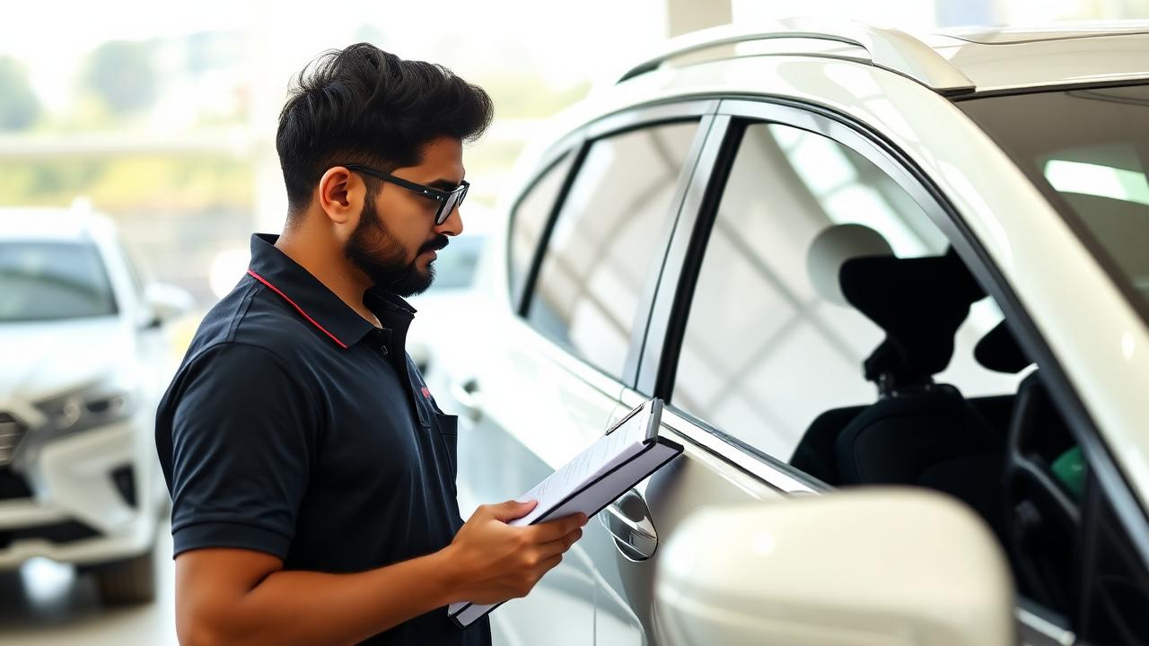 Sure Drives PDI inspector checking panel gaps and paint finish on a new white SUV at a dealership
