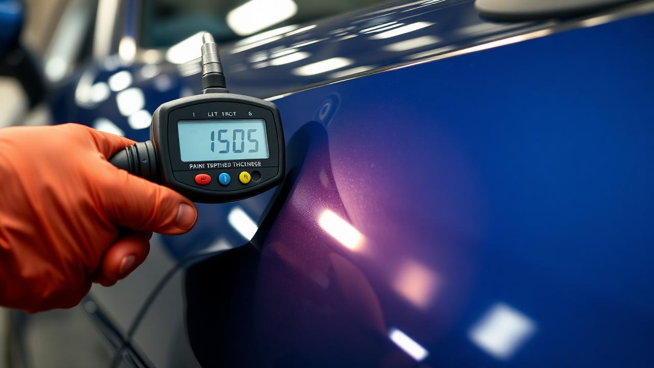 Paint depth thickness gauge being used on the glossy dark blue panel of a new car during inspection