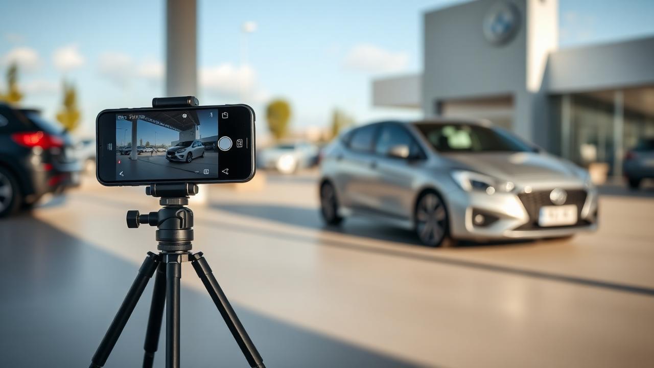 Smartphone on a tripod streaming a live video call inspection of a new silver car at a dealership
